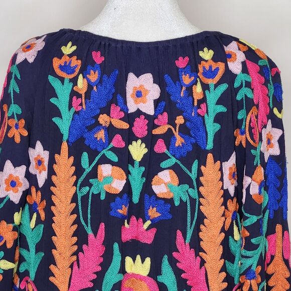 Soft Surroundings Banjara Embroidered Boho Peasant Blouse Navy Blue Size Small - Picture 7 of 15